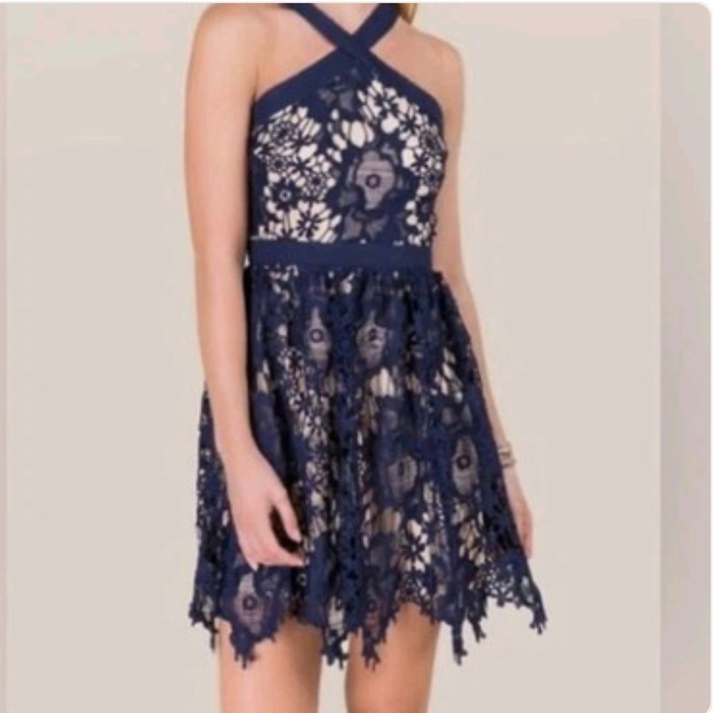 Francesca’s Carley Crochet Lace Dress Navy Nude Crisscross Back Sz M